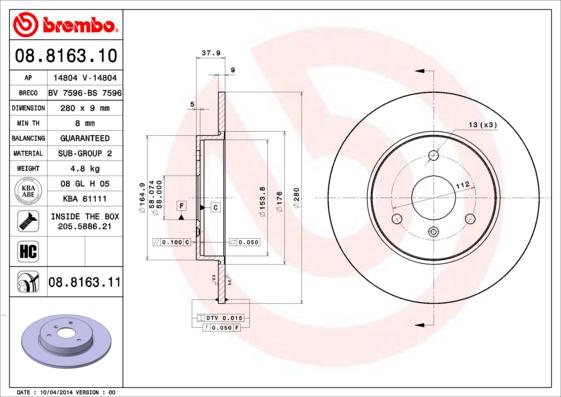 Brembo 08.8163.11 - Bremžu diski www.autospares.lv