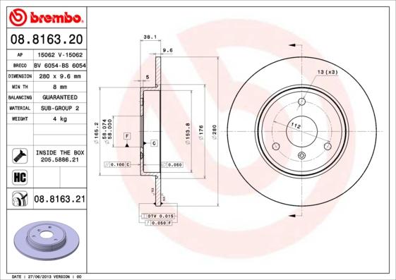 Brembo 08.8163.21 - Bremžu diski www.autospares.lv