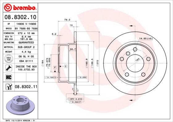 Brembo 08.8302.11 - Bremžu diski www.autospares.lv