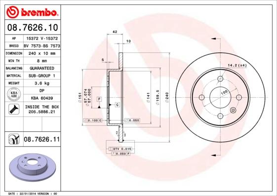 Brembo 08.7626.11 - Bremžu diski www.autospares.lv