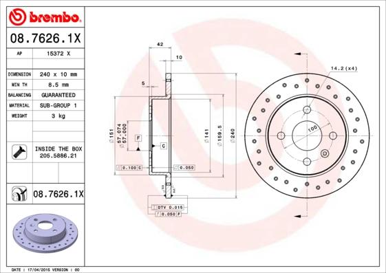 Brembo 08.7626.1X - Bremžu diski www.autospares.lv