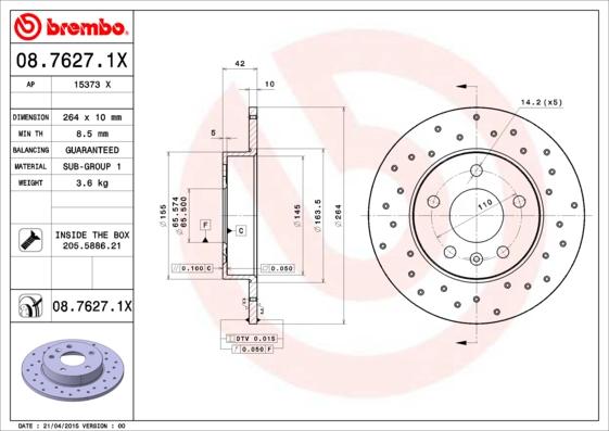 Brembo 08.7627.1X - Bremžu diski www.autospares.lv