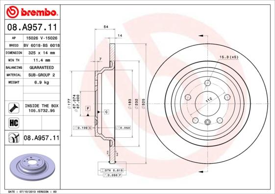 Brembo 08.A957.11 - Bremžu diski www.autospares.lv