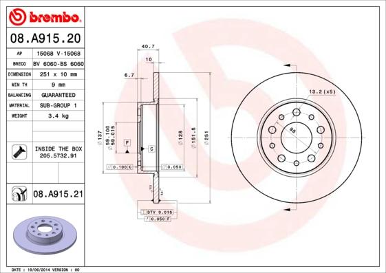 Brembo 08.A915.21 - Bremžu diski www.autospares.lv