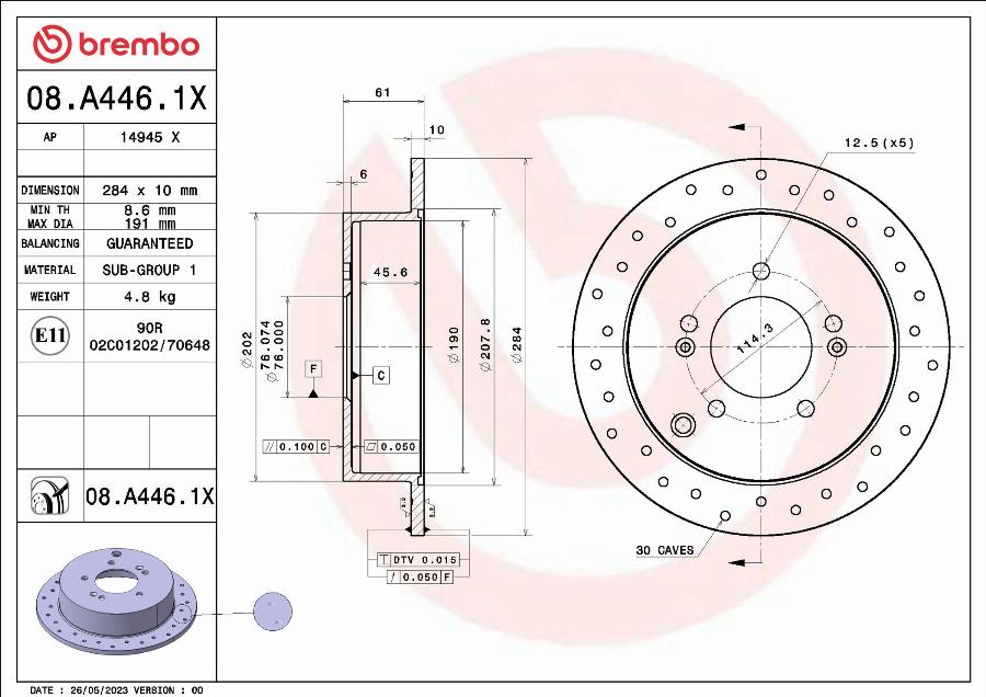 Brembo 08.A446.1X - Bremžu diski www.autospares.lv