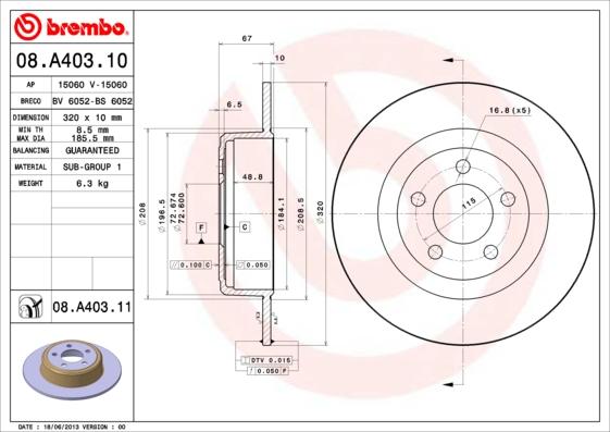 Brembo 08.A403.11 - Bremžu diski www.autospares.lv