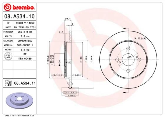 Brembo 08.A534.11 - Bremžu diski www.autospares.lv