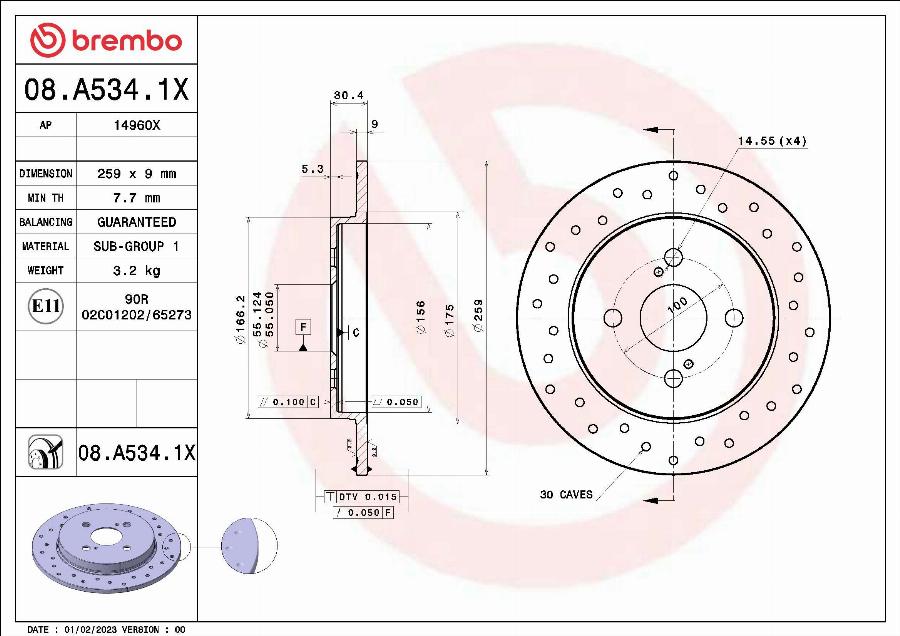 Brembo 08.A534.1X - Bremžu diski www.autospares.lv