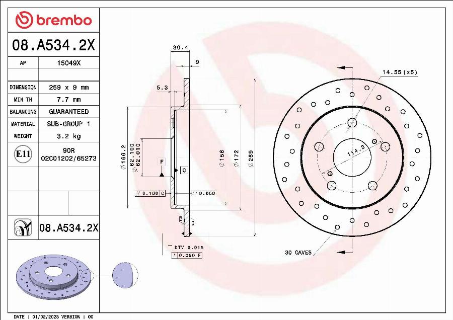 Brembo 08.A534.2X - Bremžu diski www.autospares.lv