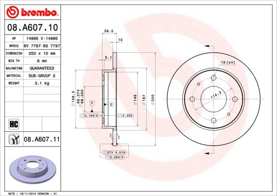 Brembo 08.A607.11 - Bremžu diski www.autospares.lv