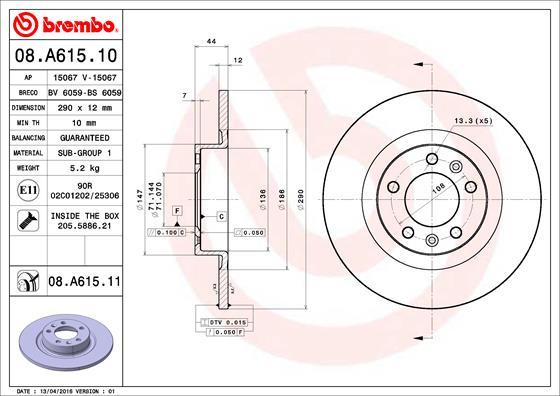 Brembo 08.A615.11 - Bremžu diski www.autospares.lv