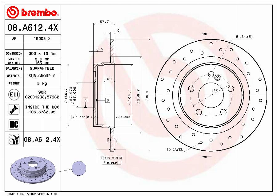 Brembo 08.A612.4X - Bremžu diski www.autospares.lv