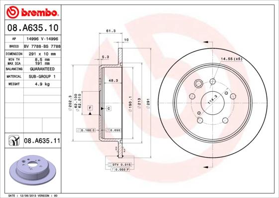 Brembo 08.A635.11 - Bremžu diski www.autospares.lv