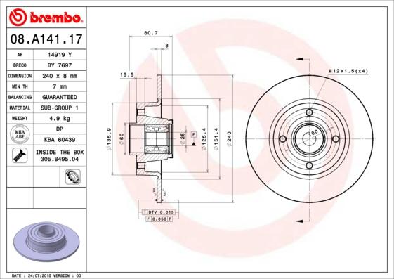 Brembo 08.A141.17 - Bremžu diski www.autospares.lv