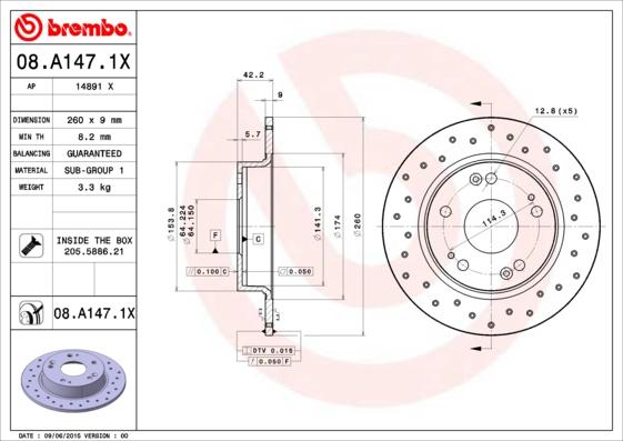 Brembo 08.A147.1X - Bremžu diski www.autospares.lv