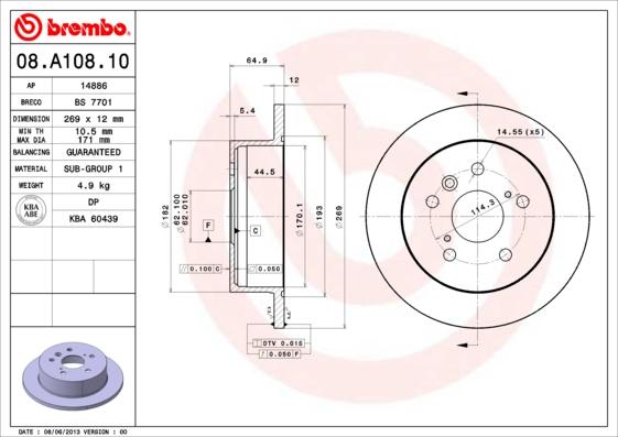 Brembo 08.A108.10 - Bremžu diski www.autospares.lv