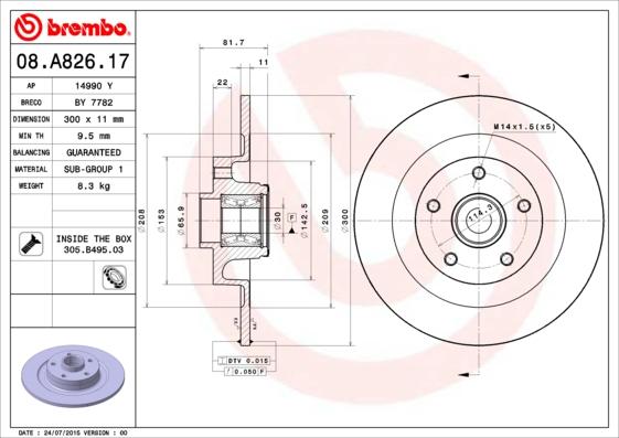 Brembo 08.A826.17 - Bremžu diski www.autospares.lv