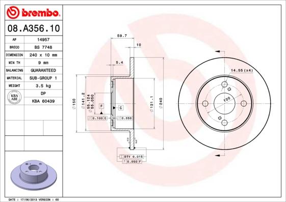 Brembo 08.A356.10 - Bremžu diski autospares.lv