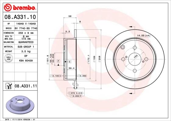 Brembo 08.A331.11 - Bremžu diski autospares.lv