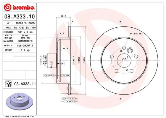 Brembo 08.A333.11 - Bremžu diski www.autospares.lv