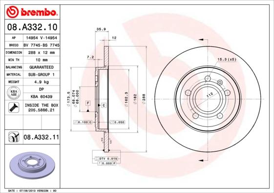 Brembo 08.A332.11 - Bremžu diski www.autospares.lv