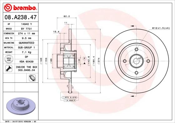 Brembo 08.A238.47 - Bremžu diski www.autospares.lv