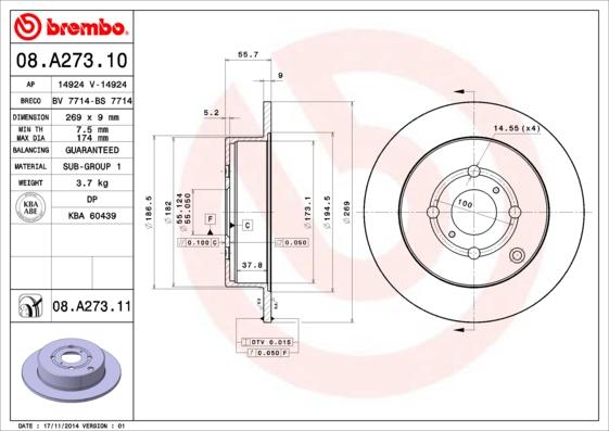 Brembo 08.A273.11 - Тормозной диск www.autospares.lv