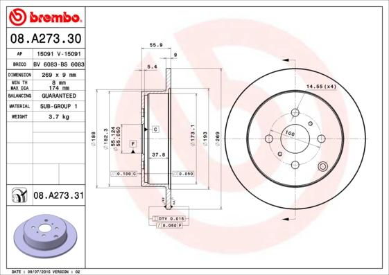 Brembo 08.A273.31 - Тормозной диск www.autospares.lv