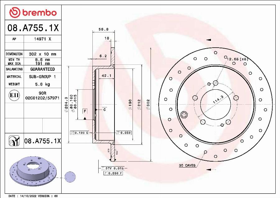 Brembo 08.A755.1X - Bremžu diski www.autospares.lv