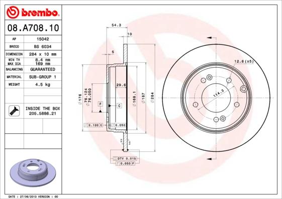 Brembo 08.A708.10 - Bremžu diski www.autospares.lv