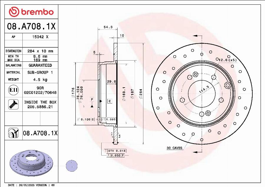 Brembo 08.A708.1X - Bremžu diski www.autospares.lv