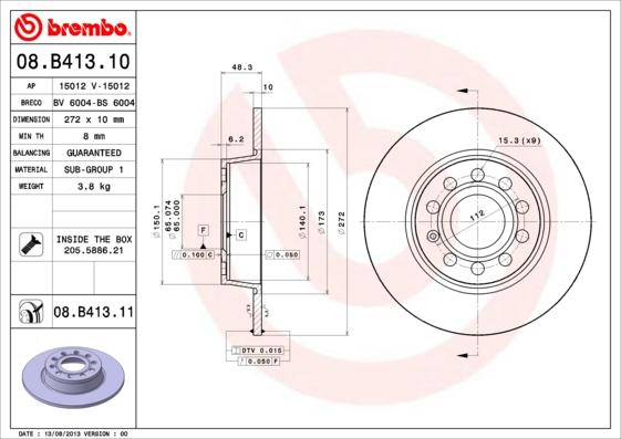 Brembo 08.B413.11 - Bremžu diski www.autospares.lv