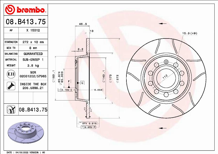 Brembo 08.B413.75 - Тормозной диск www.autospares.lv