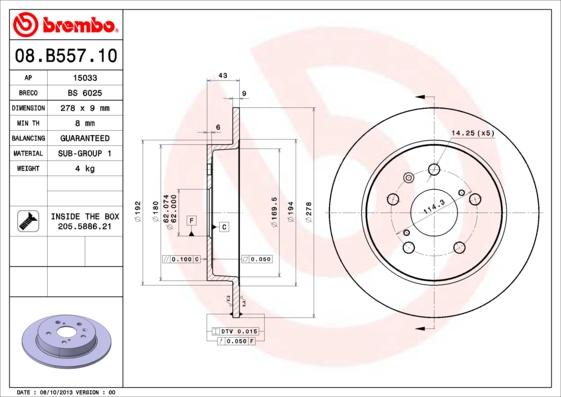 Brembo 08.B557.10 - Bremžu diski www.autospares.lv