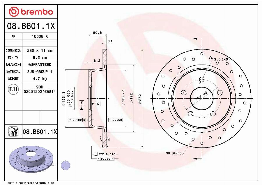 Brembo 08.B601.1X - Bremžu diski autospares.lv