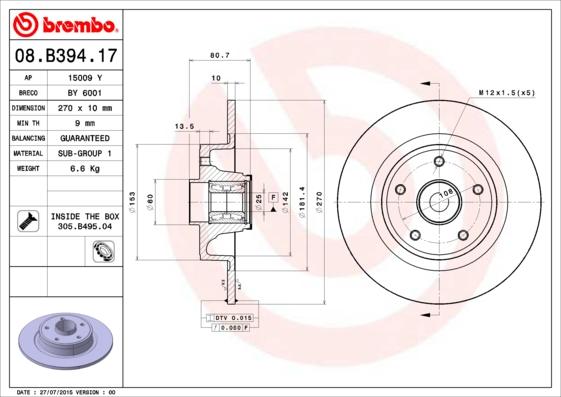 Brembo 08.B394.17 - Bremžu diski www.autospares.lv