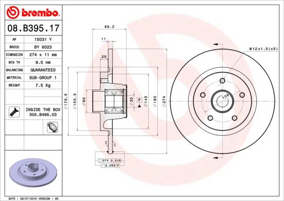 Brembo 08.B395.17 - Bremžu diski www.autospares.lv