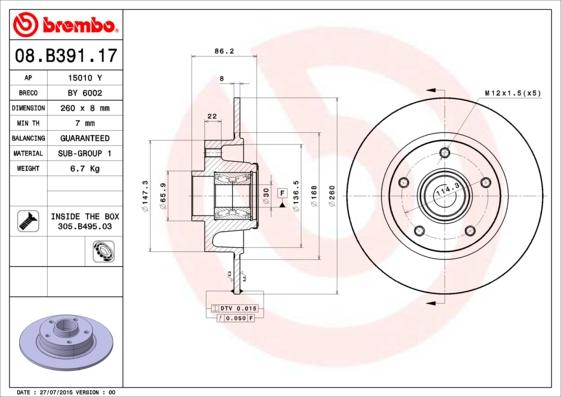 Brembo 08.B391.17 - Bremžu diski autospares.lv