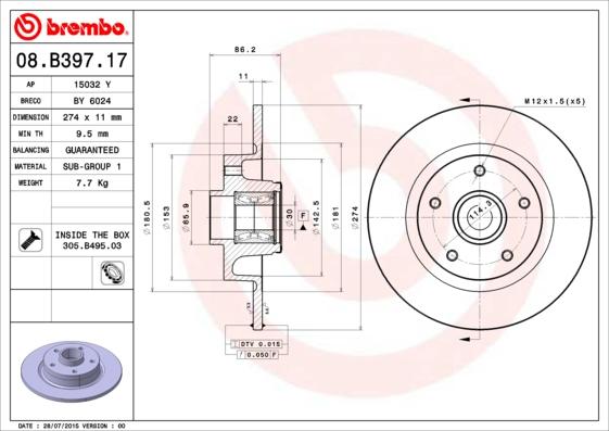 Brembo 08.B397.17 - Bremžu diski www.autospares.lv