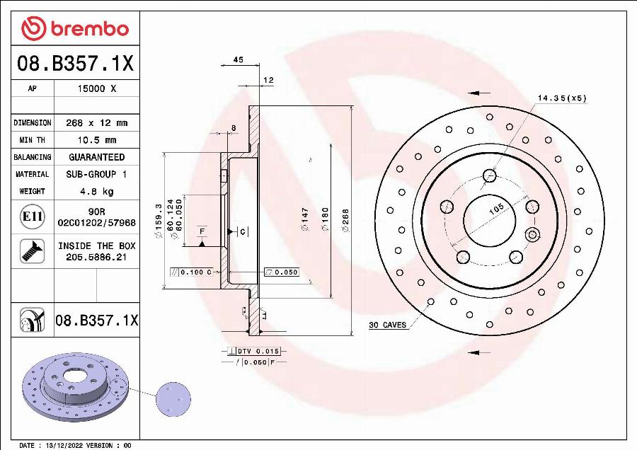 Brembo 08.B357.1X - Bremžu diski www.autospares.lv