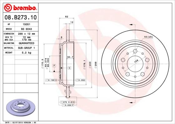 Brembo 08.B273.10 - Bremžu diski www.autospares.lv