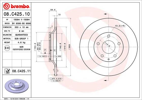 Brembo 08.C425.11 - Bremžu diski www.autospares.lv