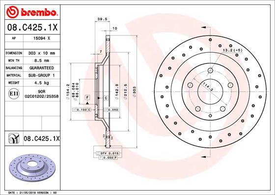 Brembo 08.C425.1X - Bremžu diski www.autospares.lv