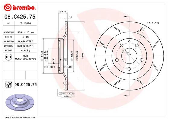 Brembo 08.C425.75 - Bremžu diski www.autospares.lv