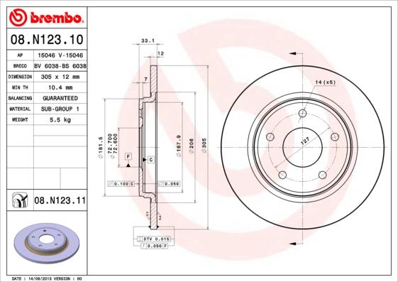 Brembo 08.N123.10 - Bremžu diski autospares.lv