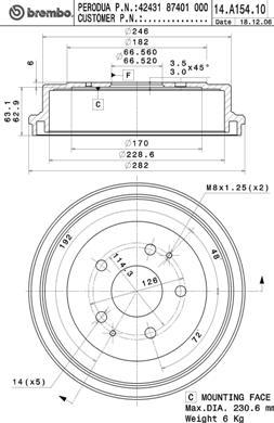 Brembo 14.A154.10 - Bremžu trumulis www.autospares.lv