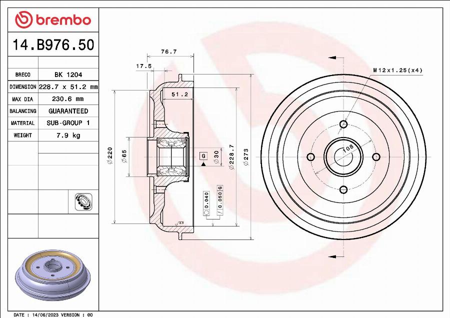 Brembo 14.B976.50 - Bremžu trumulis www.autospares.lv