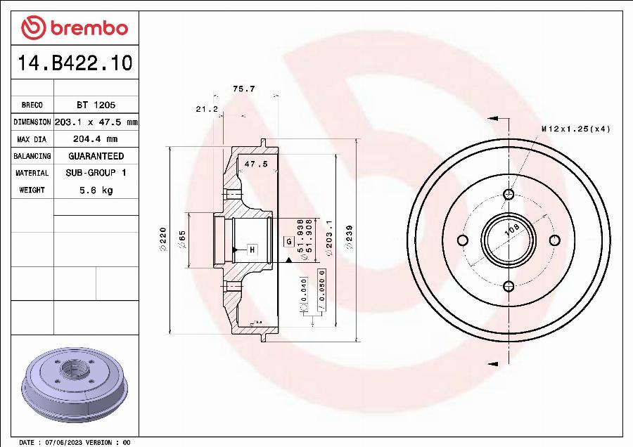 Brembo 14.B422.10 - Bremžu trumulis www.autospares.lv