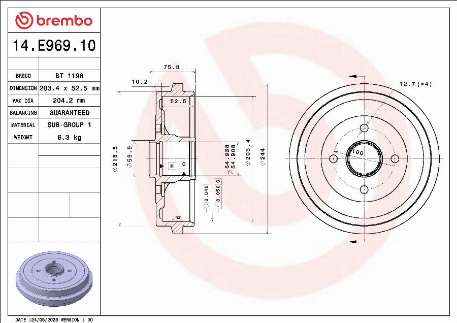 Brembo 14.E969.10 - Bremžu trumulis www.autospares.lv