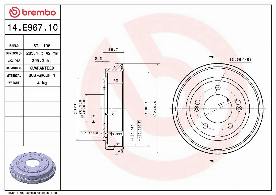 Brembo 14.E967.10 - Bremžu trumulis www.autospares.lv